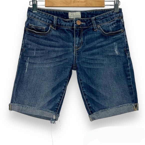 Aeropostale Jean Denim Bermuda Shorts Distressed Raw Edge Cuffed 3/4 - Picture 1 of 8